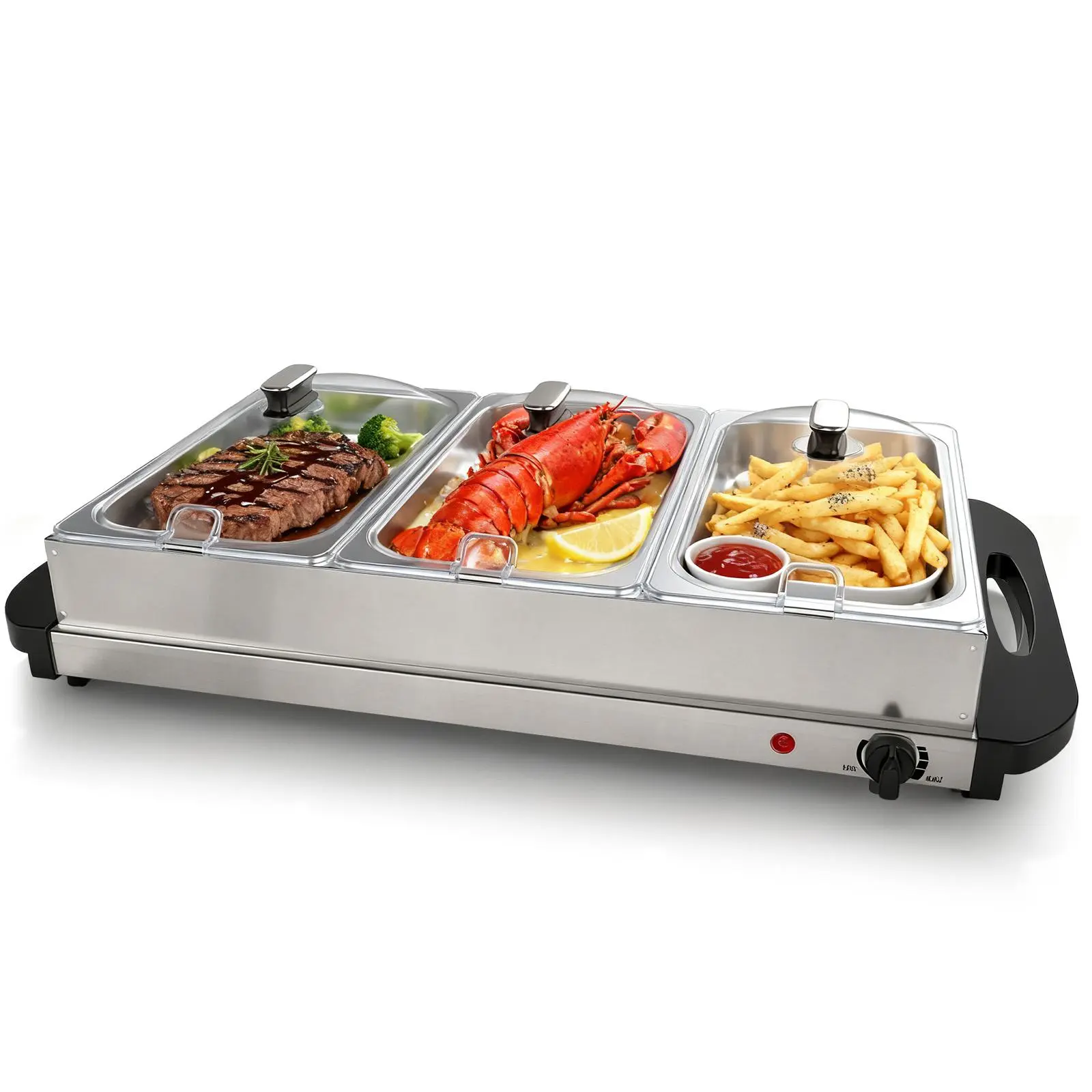 7.5QT Buffet Server & Warmer, Chafing Dish Set with 3 Heating Pans & Lids, Adjustable Temperature, Dishwasher-Safe Stainless Steel