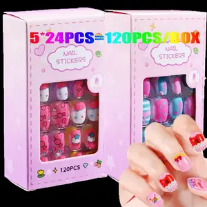 120/24Pcs Chritmas Children Fake Nails With 5Pcs Jelly Glue&File Cartoon Girl Nail Tips Press On Nail Cute Colorful False Nails