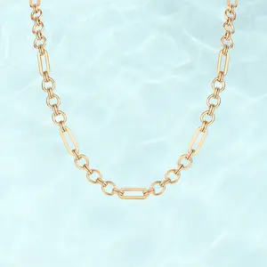 PAVOI Waterproof Round & Paper Clip Chain Necklace - 14K Gold Plated Statement Mixed Link Chain - Stainless Steel Gold Paperclip Necklace for Women