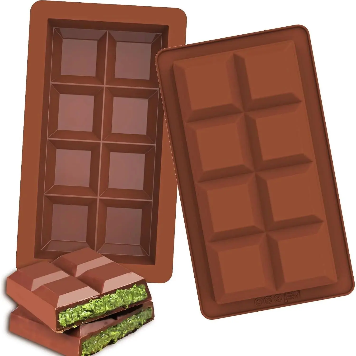 Deep Chocolate Bar Molds 2 Pack, Large and Thick Silicone Chocolate Molds for Stuffed Bar, Big Chocolate Candy Bar Mold for Homemade Filling Knafeh Pistachio Chocolate Bar(8 Snap)