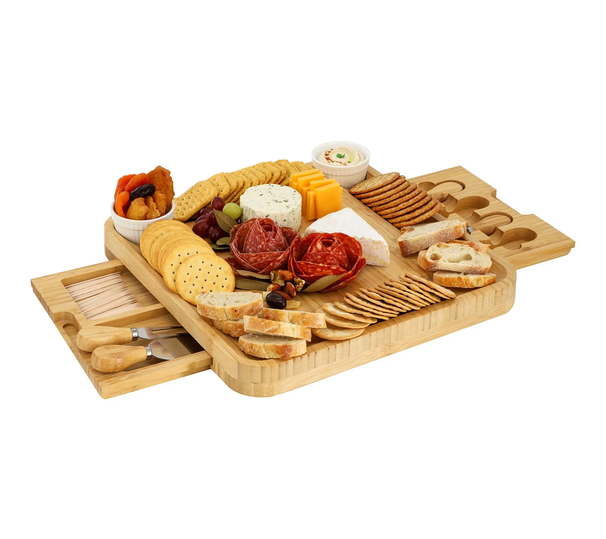 MegaChef Bamboo Cheese Board Set with Ramekins and Drawer