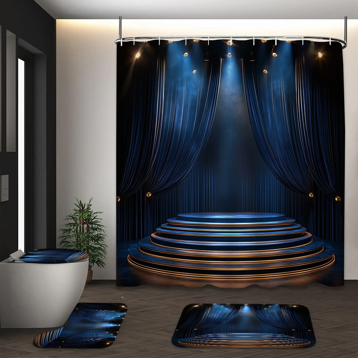 LVRLVR 4Pcs Theater Stage Curtain Spotlight Print Luxury Glam Multi-Color Decorative Shower Curtain Set Bath Curtains Shower Bathroom Decoration Accessories 70.8×70.8 Inch