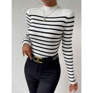 Women's Oversized White & Black Horizontal Striped Cardigan Sweater - Soft Loose-Fit Long Sleeve Winter Coat, Round Neck Casual Winter Outerwear, & Brown Tones Layering Piece for Fall and Winter, Hand Wash or Dry Clean, Chic Striped Design for Casual Atti