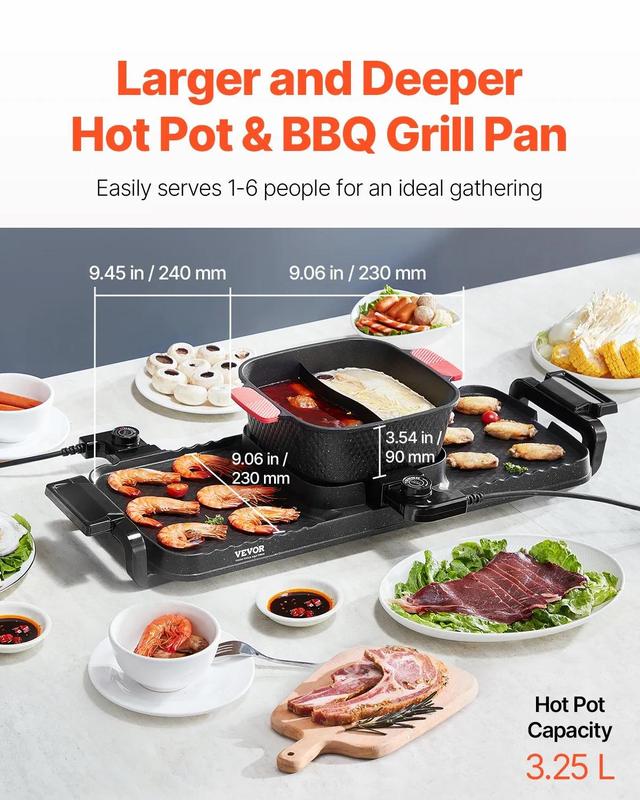 VEVOR Hot Pot with Grill, 2300W 2-in-1 Electric Smokeless Grill and Hot Pot, Removable Shabu-shabu Hotpot with Non-stick Pan, Separate Dual Temperature Control, Indoor Korean BBQ for 1-6 People