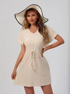 Women's Solid Grommet Eyelet Drawstring Front Beach Cover Up Dress, Casual Breathable Cover Up Dress for Beach Vacation, Ladies Swimwear Coverups for All Seasons, Beach Swimsuit Cover