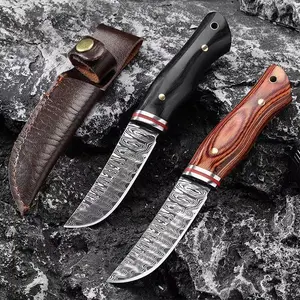 Damascus stainless steel multifunctional knife, equipped with leather cover, cutting bone knife, fruit knife, BBQ， Essential tools for outdoor camping and fishing, survival equipment, tactical equipment, gifts