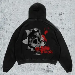 Vintage Washed Hoodie - Inspiring Slogan Graphic Unisex Distressed Pullover Dark Aesthetic Sweatshirt Oversized Fit Long Sleeve Y2K Grunge Style Medium Length 80% Cotton 15% Fleece 5% Polyester