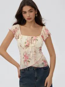 Chiffon Floral Square Neck Twist Knotted Ruffle Sleeve Crop Top