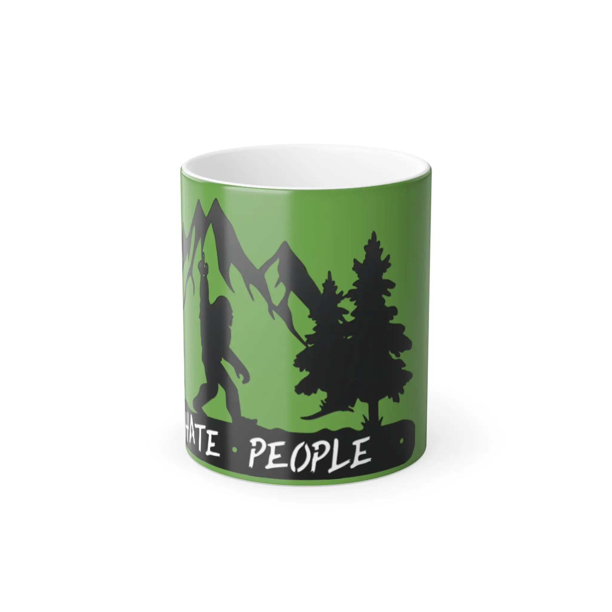 Glossy Reusable Ceramic Heat-Reveal Mug - Black Exterior, White Interior, Mountain Art Hiking Silhouette Cup, Microwave-Safe for Drinks