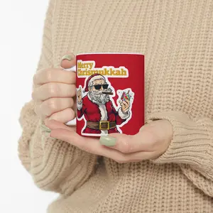 Festive Ceramic Mug | Santa Celebrates Hanukkah | Holiday Gift, Christmas, Hanukkah, Funny Coffee Mug, Red Santa Design
