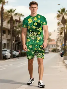 St Patrick's Day Men's Digital Print Four-Leaf Clover Hat Short Sleeve Set, Trendy Casual Sportswear, Perfect Holiday Gift