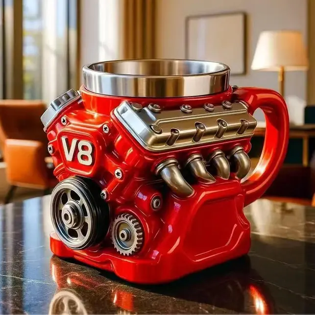 3D Engine Coffee Mug, Stainless Steel Coffee Cup with Resin Engine Design, Gift for Car Enthusiasts, Mechanics & Auto Lovers