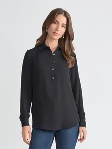 Long Sleeve Collared Popover Blouse, Crepe de Chine