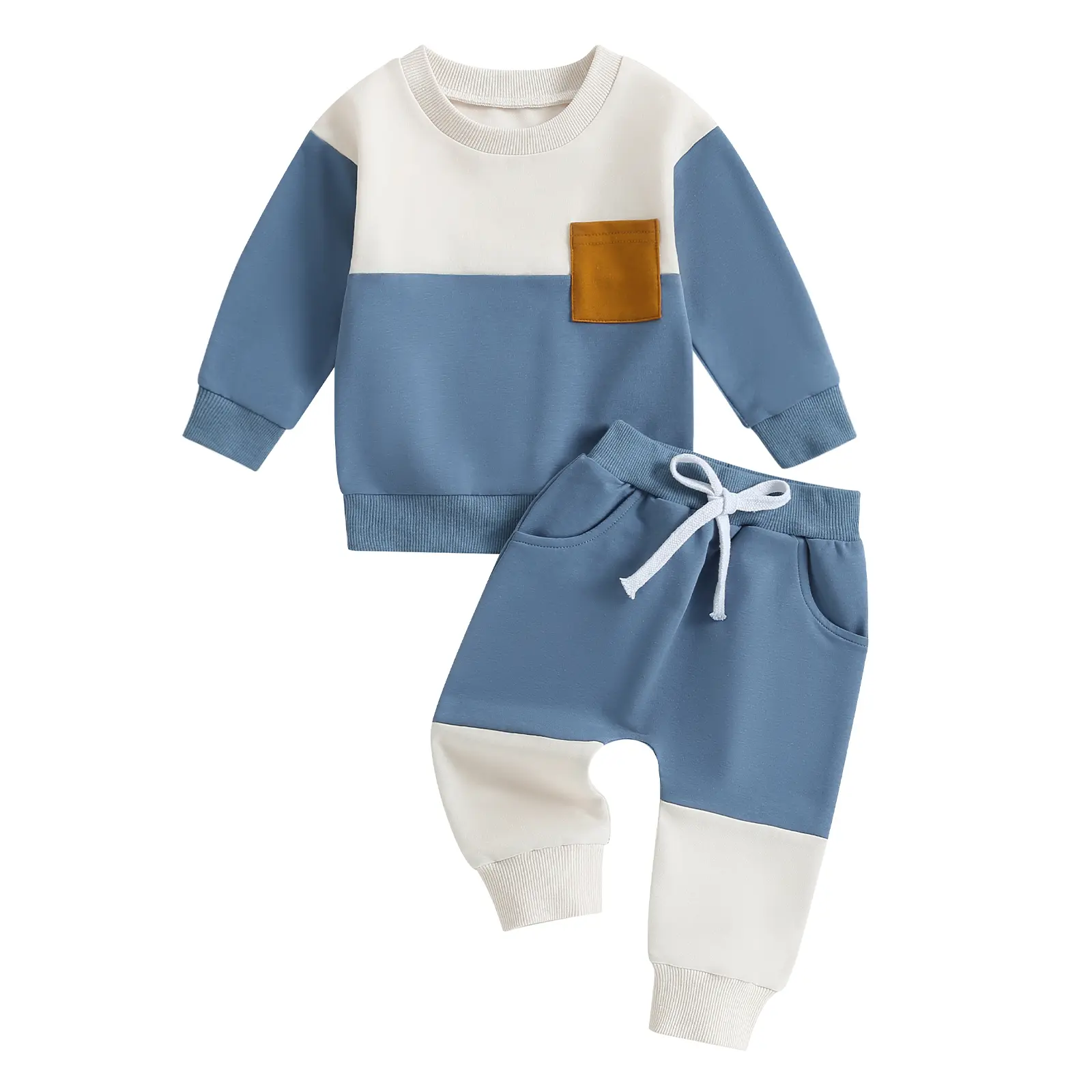 Baby Boys' 2-Piece Polyester-Cotton Blend Pants Set - Colorblock Long-Sleeve Crew Neck Sweatshirt, Elastic Band Full-Length Sweatpants Infant Casual Clothes