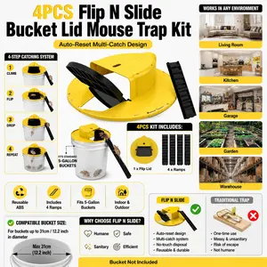 4PCS Flip N Slide Bucket Lid Mouse Trap Kit, Reusable Auto-Reset Multi-Catch Rat & Mouse Trap with Ramp, Durable ABS Indoor Outdoor Pest Control, No-Touch Rodent Catcher for Home Garage Kitchen Basement Yard, Bucket Not Included