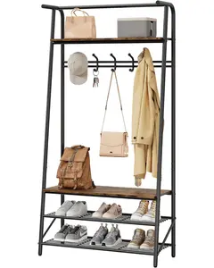 【GARVEE】Hall Tree with Bench and Shoe Storage, Entryway Organizer with 5 Hooks, 3-Level Shoe Rack, Metal Frame for Hallway or Entryway