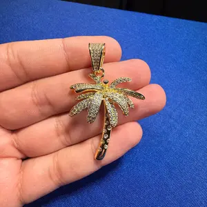 14K Gold Plated Iced Out Palm Tree Pendant + Steel Rope Chain