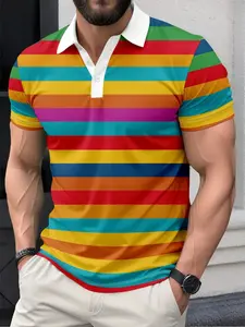 Men's Rainbow Striped Polo Shirt, Casual Loose-Fit Short Sleeve T-Shirt, Breathable Elastic Fabric, Summer Fashion Essential