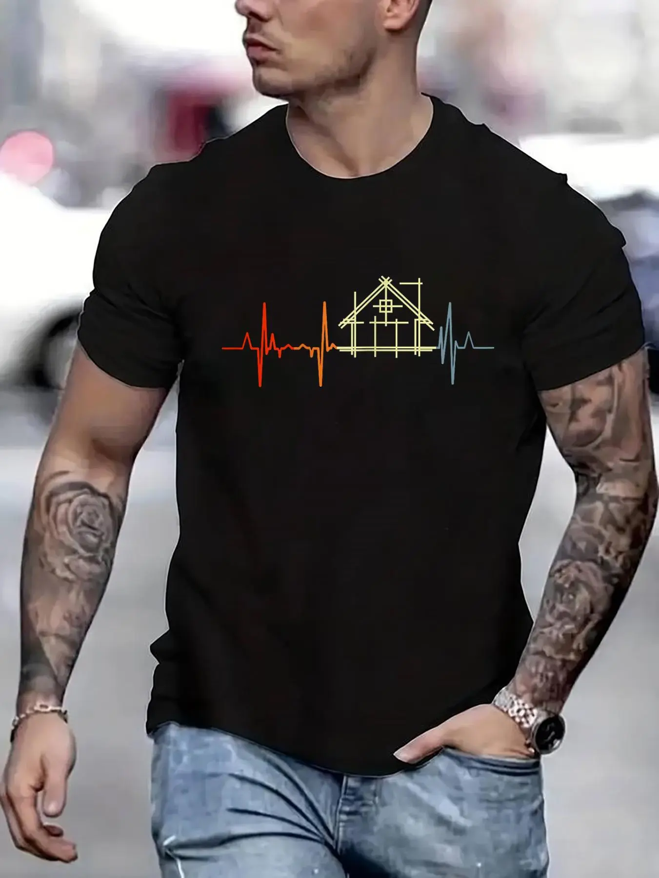 100% cotton Vintage Architecture Student Heartline Architect Printed T-shirt, Short-sleeved Crew Neck Casual Top, Suitable For All Seasons, Men's Wear