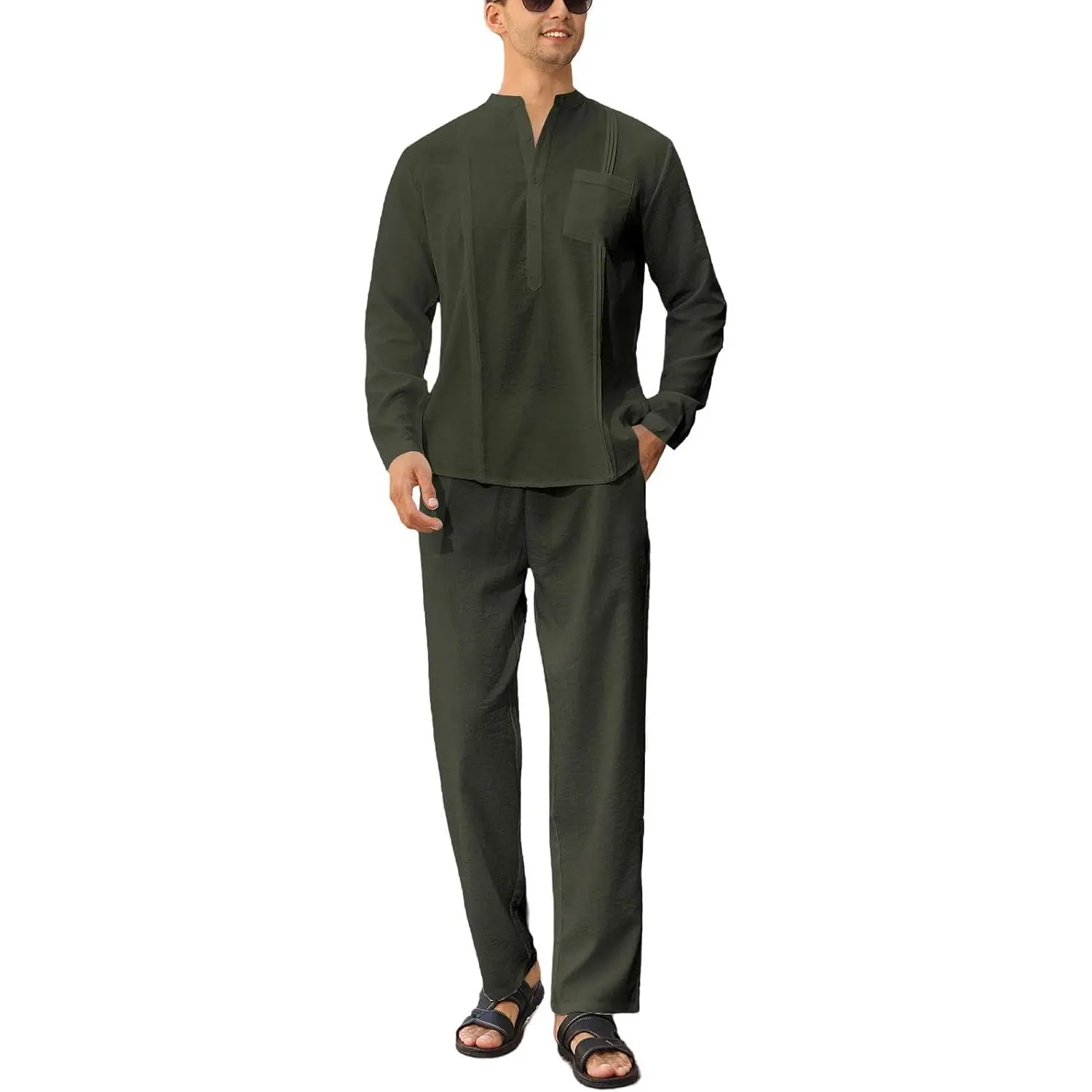 Men's 2 Piece Set Long Sleeve Casual Henley Shirts Loose Pants Set Lounge Vacation Outfits Summer Beach Set