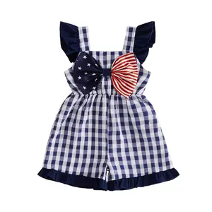 Kids Toddler Baby Girls Plaid Jumpsuit 4th of July Bow Decor Flying Sleeve Overalls Shorts Summer Clothes