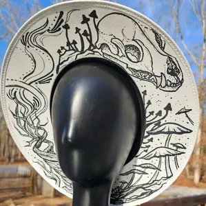 Whimsical Mushroom Forest Animal Skull White Canvas Sun Hat Wearable Art