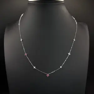 Diamond & Ruby Flower Necklace – 14K White Gold (0.15 CTW Diamonds / 0.30 CT Rubies)