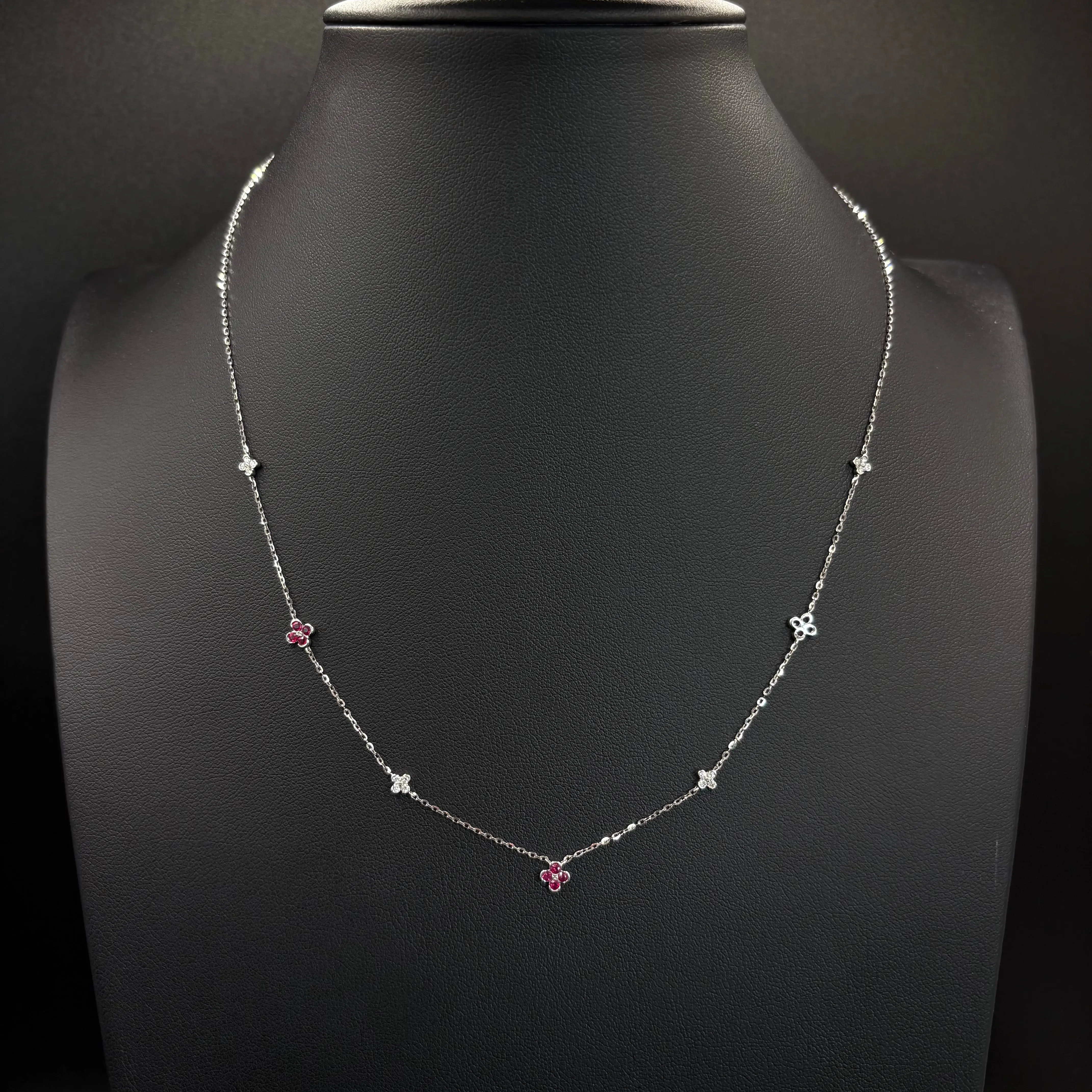 Diamond & Ruby Flower Necklace – 14K White Gold (0.15 CTW Diamonds / 0.30 CT Rubies)