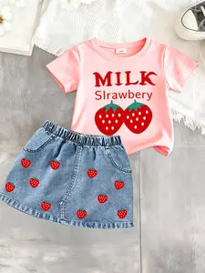 Girls' Strawberry Milk Sweet Set, Strawberry Milk Print T-Shirt & Denim Skirt, Soft Skin-Friendly Fabric, Elastic Waist, Summer Casual