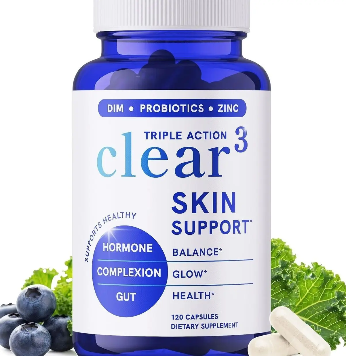 Clear Skin Supplement with Zinc, DIM & Probiotics | 3-in-1 Hormone, Gut & Complexion Support | Triple Action Hyaluronic Acid, Niaciminide & Vitamins for Skin Balance, Glow & Health Support | 120 Ct