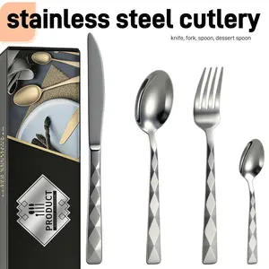 Stainless Steel Cutlery Tableware Set, Rhombus Texture, Mirror Polished Forks Knives Spoons, Ideal for Daily Use and Gifting, 4/16/24 Pieces