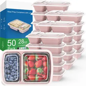 50 Pack (100-Piece) 28 oz Meal Prep Containers Reusable with Lids 2-Compartment, Sturdy Leakproof Food Safe, Microwave Freezer Dishwasher Safe