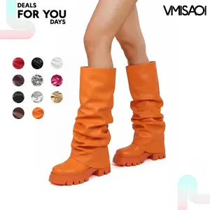Womens Fold Over Boots Knee High Round Toe Side Zipper Chunky Block High Heel Slouchy Pull On Pleated Platform Fashion Party Wedding Dress Casual Outings Date Festival Comfortable Trendy Y2K Boot Deals For You Days