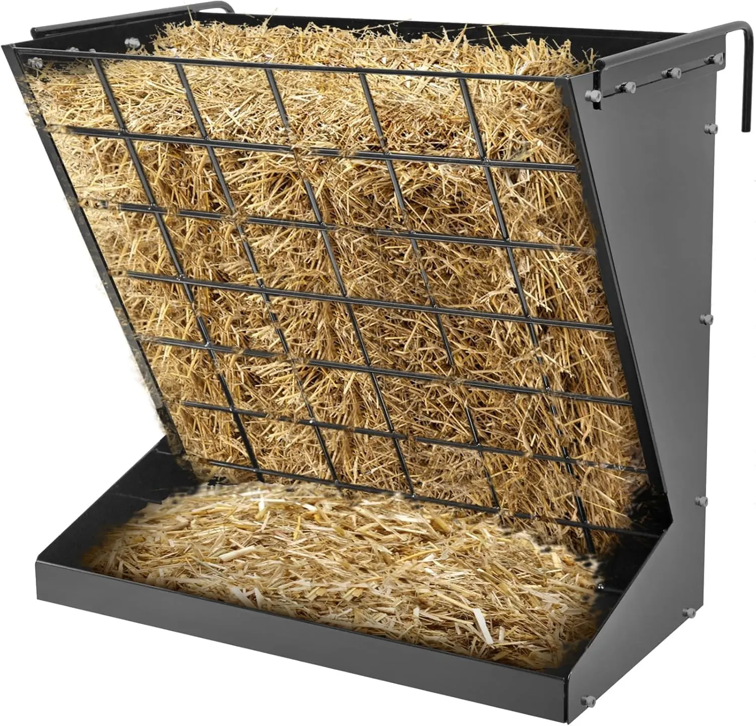 Black 2 in 1 Wall Mount Hay Feeder for Goats, Heavy Duty Galvanized Steel Hay Rack with 18.5 Gallon Capacity & Grain Tray, Heavy-Duty Galvanized Steel Goat Feeders for Sheep, Horses, Cattle – Indoor/Outdoor