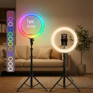 10" LED Selfie Ring Light with 63"Tripod Stand, 38 Color Modes & SteplessDimmable - Circular Light for Vided Recording, Studio Photography, Makeup, LiveStreaming, Smartphone/Tablet Compatible