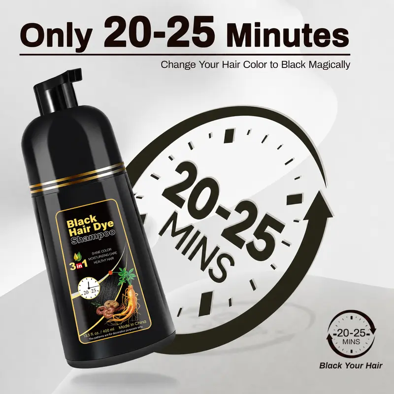 KAISASA 3-in-1 Black Hair Color Shampoo - Alcohol-Free Cleanser, Conditioner with Ginseng Extract, Herbal Gray Coverage, Natural Plant Care, Restores Functionality, 15-20 Minute Home Application, for Adults (400ml, 36 Months Shelf Life)