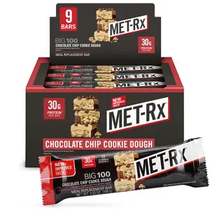 MET-Rx Big 100 Chocolate Chip Cookie Dough Protein Bars | 30g Protein | 9 Bars | Meal Replacement | METAMYOSYN Blend