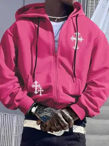 Hooded Zipper Sweatshirt with Religious Design, Street Fashion Casual Style Combining Urban Trends & Spiritual Symbols