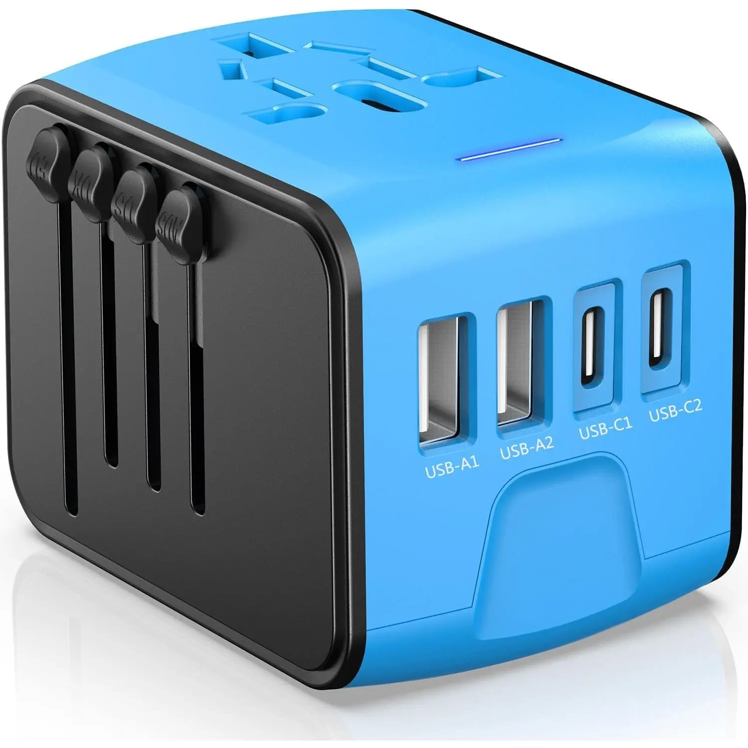 Universal Travel Adapter with Universal Socket, 4 USB C/A Ports, AC Outlets, 100-250V Dual Voltage - Power Plugs Charger, Not a Converter, Integrated Fuse, Manufacturer Warranty for Travelers, USB Devices (200+ Countries, UK/AU Compatible, Blue), Global T
