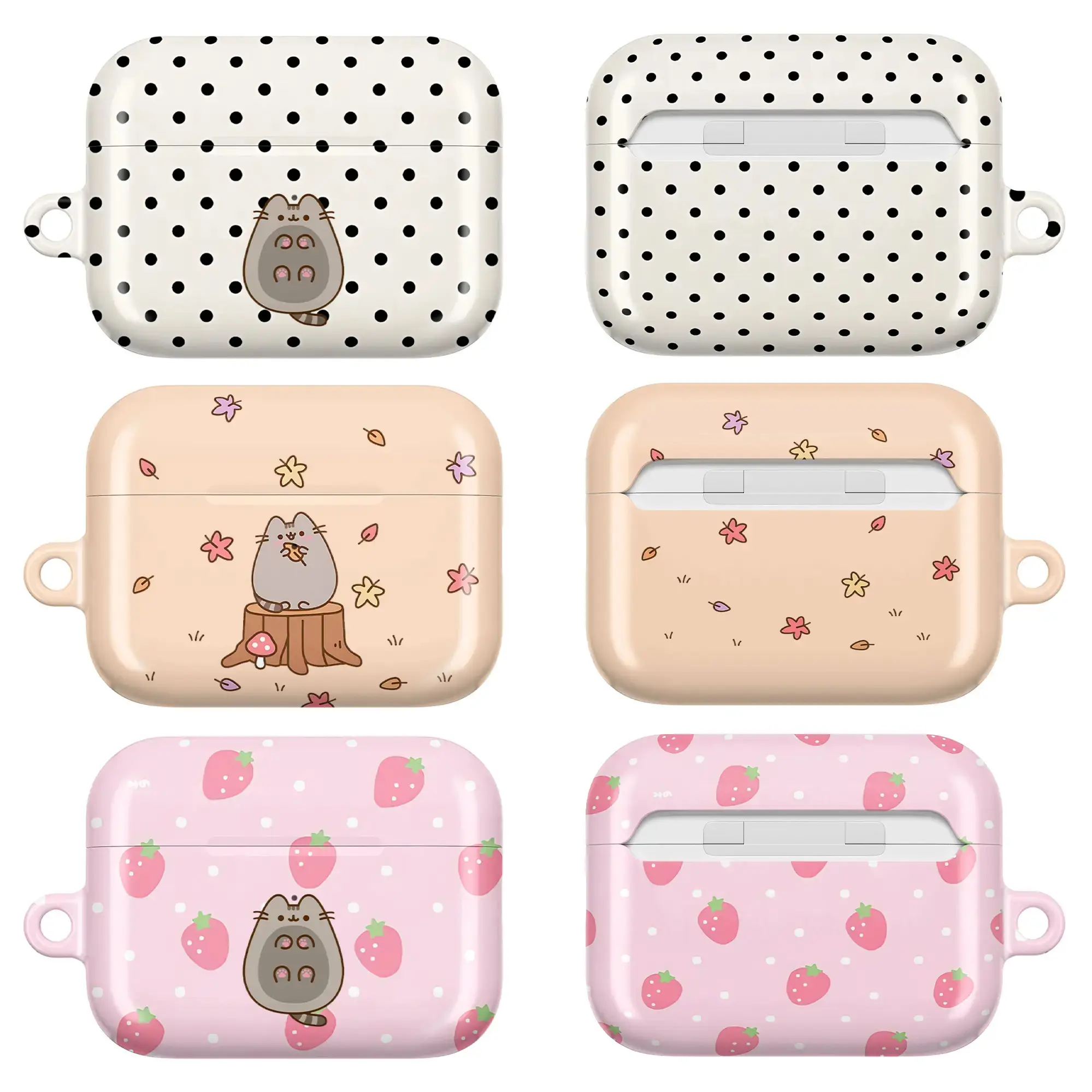 Adorable Pusheenn Cat AirPods Case – Cute Polka Dot Strawberry & Autumn Leaf Design | Kawaii Pusheenn the Cat AirPod Cover for AirPods 4 3 2 1 & AirPods Pro 3 2 1, Coquette Cottagecore Protective Cover, Aesthetic Gift for Her