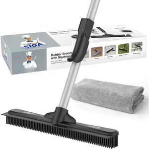 Removal Rubber Broom with Built in , 3 in 1 Floor Brush for Carpet, 61 inch Adjustable Handle, Includes 1 Microfiber Cloth for Floor Dusting