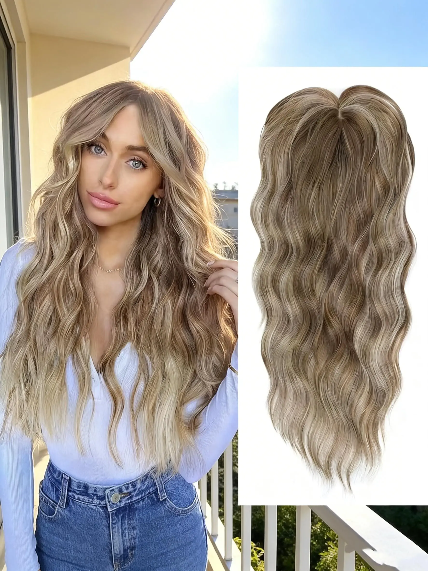 Premium Kanekalon Synthetic Hair Topper | 22 Inch Wavy Clip-In with Bangs | Natural Volume for Thinning Hair, Effortless Styling & Confidence in Every Strands Synthetic Hair Extension Synthetic Hairpieces Wave with Bangs
