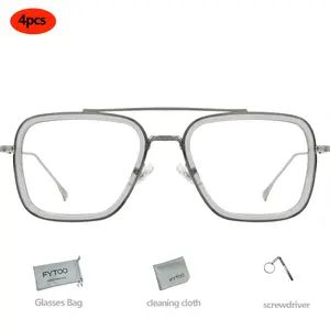 FYTOO 4pcs Square Metal Glasses Set | Large Translucent Grey Frame with Detachable Lenses | Unisex for Casual, Business & Office | TikTok Essential Accessory FT0688-06