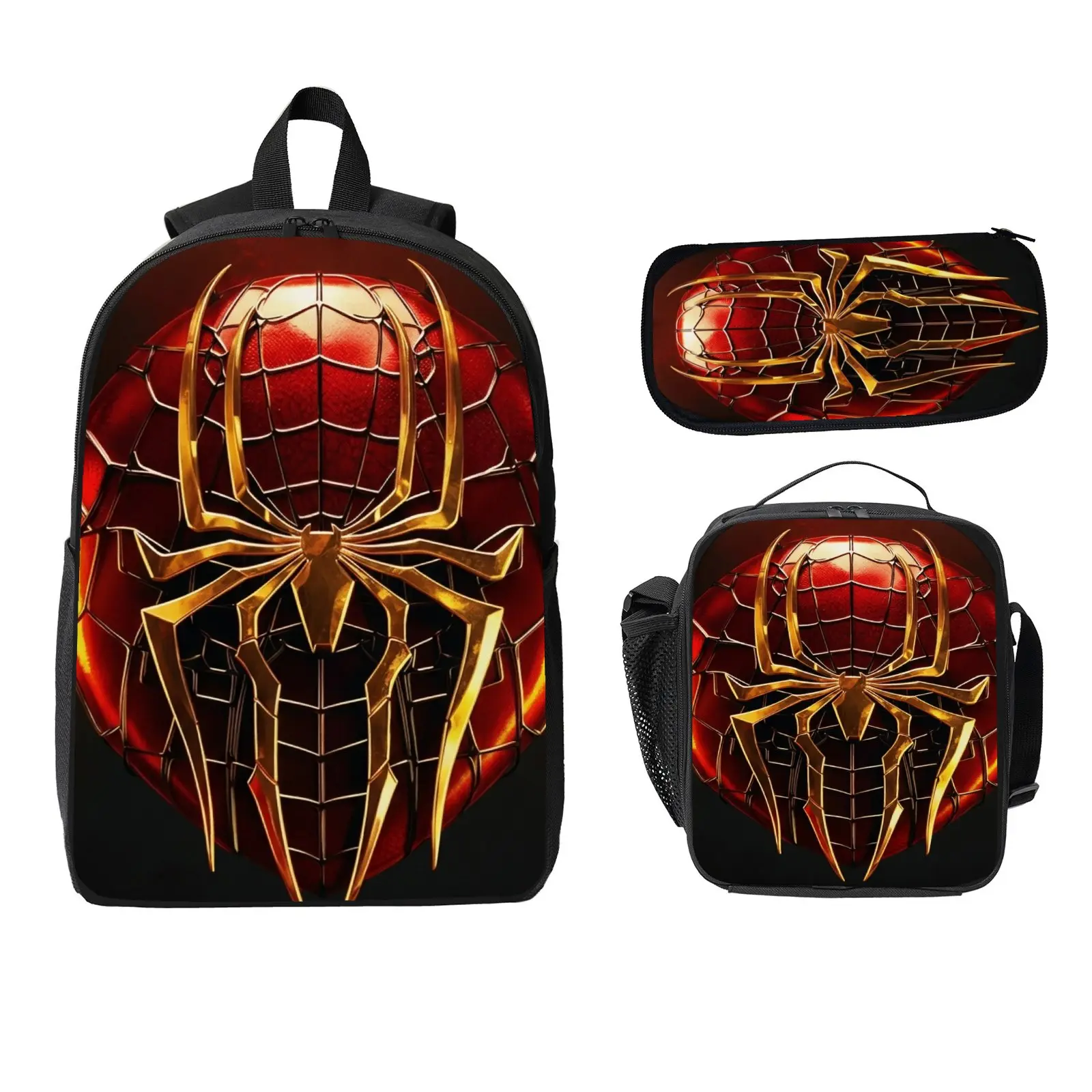 Gold Spider 3PCS Backpack Set for Boys Kids, Cool Red Armor Superhero School Bag with Lunch Box and Pencil Case, Tech Mech Spider Daypack Teens Gift