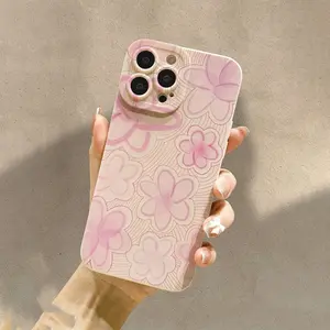 Light Pink Gradient Pink Flower Line Design Pattern Phone Case, TPU Material, Anti-Slip Anti-Drop, Suitable for iPhone 17 AIR 17/16/15/14/13/12/11 PRO PROMAX X XS E PLUS, Perfect for Gifting to Girls, MS444