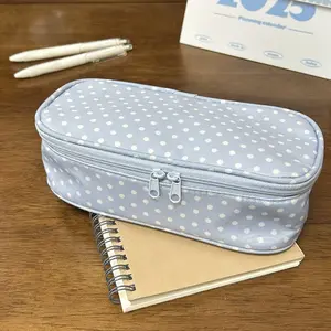 Ladies' Light Blue Dot Zipper Makeup Bag - Soft Fabric Storage Bag, Suitable for Campus, Travel, and Daily Use - Korean Cute Style Toiletries and Accessories Organizing Bag, Cosmetic Pouch