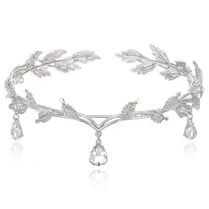 Bridal Wedding Headband for Brides, Austrian Crystal Teardrop Leaf Design, Costume Accessory Tiara Hair Band Crown for Elf Cosplay