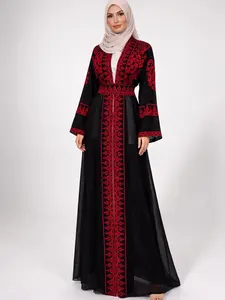 Women's Modest Islamic Chiffon Bisht Dress - Long Sleeve, Embroidered, Bohemian Boho Casual Style - Red, Navy, Black Color Options