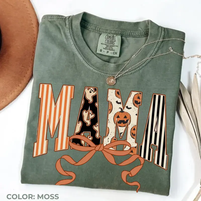 Comfort Colors Halloween Mama Shirt, Retro Coquette Bow Mama Tee, Pumpkin Ghost Graphic T-Shirt, Cute Fall Mom Shirt, Vintage Autumn Halloween Outfit