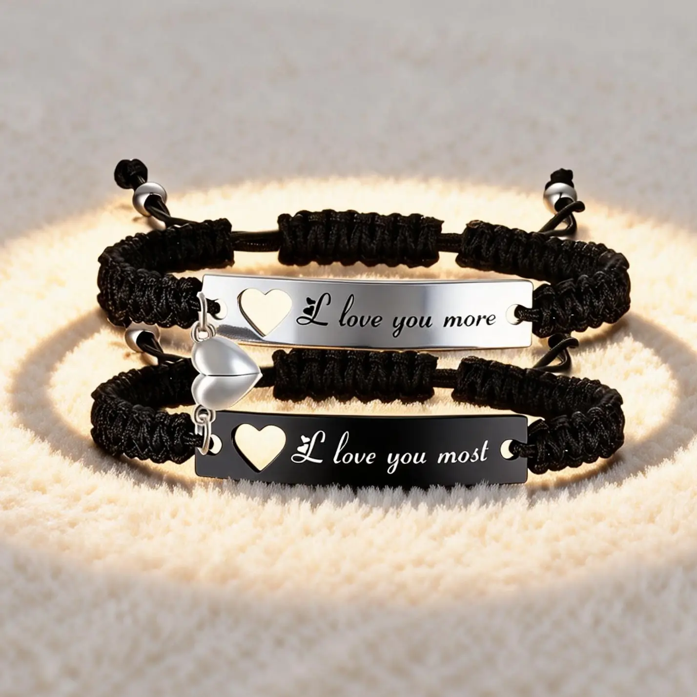 2pcs Adjustable Braided Heart Matching Couples Bracelets with Engraved "I love you more" & "I love you most" for Him & Her Perfect Gift  for Anniversaries & Valentines